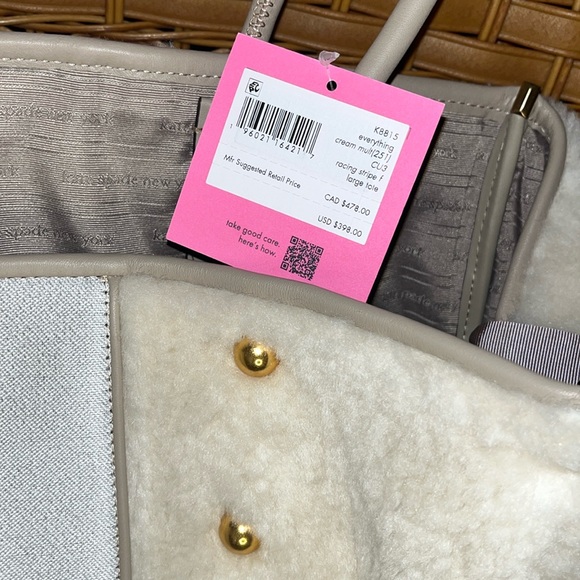♠️kate spade Everything Racing Stripe Faux Shearling Fur Large Tote, Cream, NWT - Picture 15 of 16